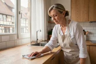 Aide ménagère essuyant un plan de travail dans une cuisine alsacienne moderne à Strasbourg