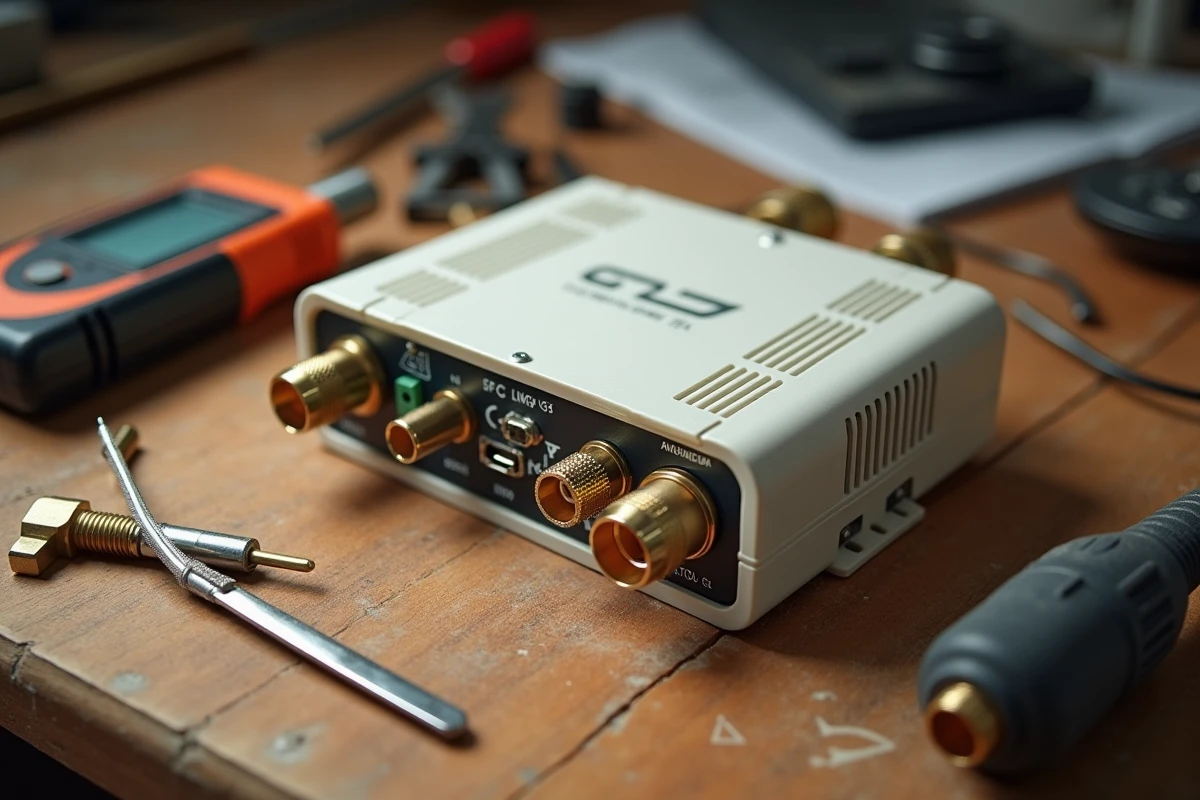 Amplificateur pour antenne TNT avec filtre 5G posé sur un établi avec accessoires d'installation