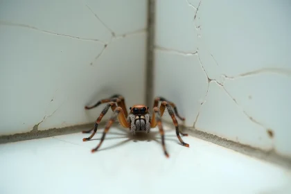 Araignée maison Tegenaria domestica dans le coin d'une salle de bain française avec sa toile en entonnoir sur carrelage blanc