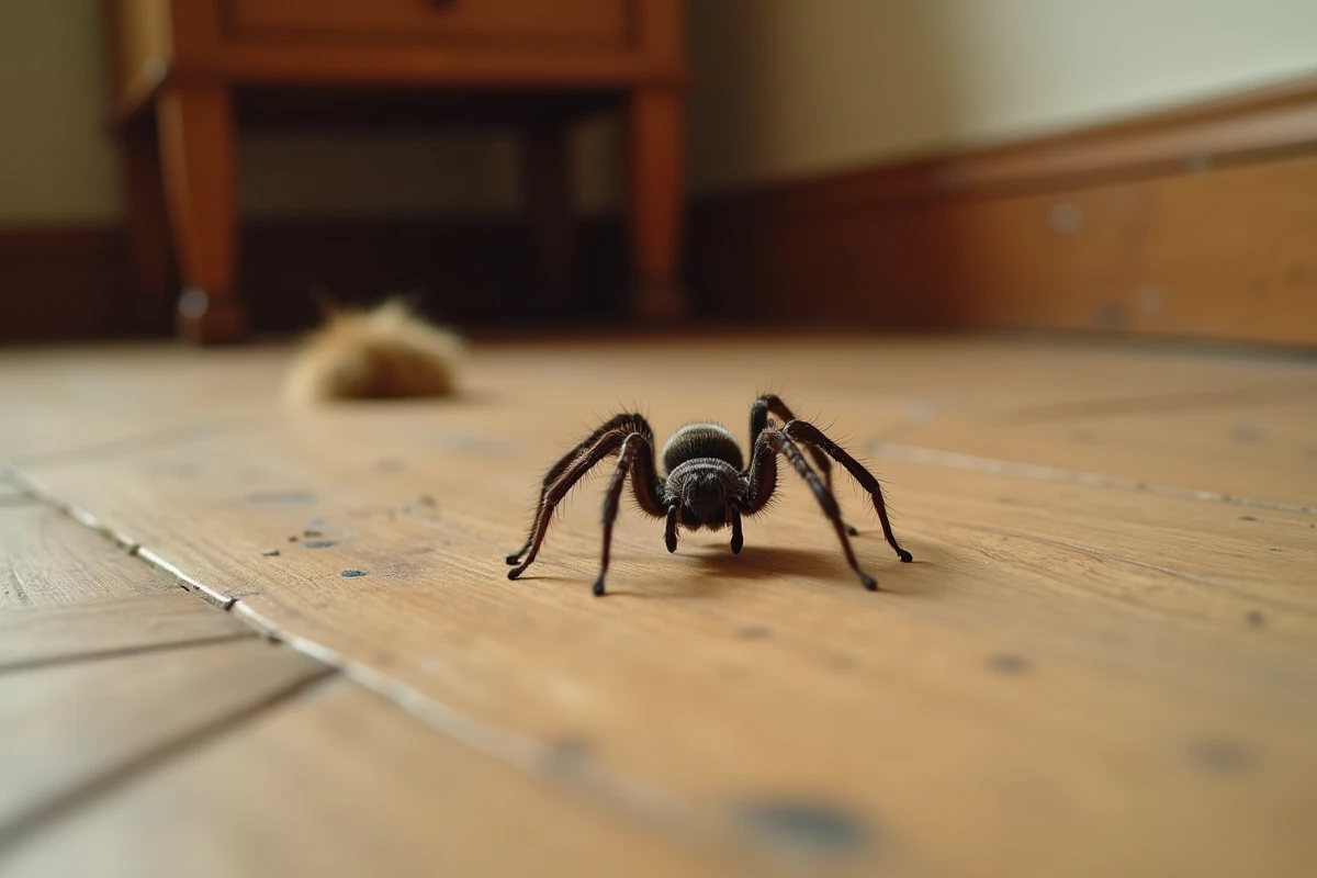 Araignée Eratigena atrica traversant un parquet en bois dans un salon français, vue au ras du sol