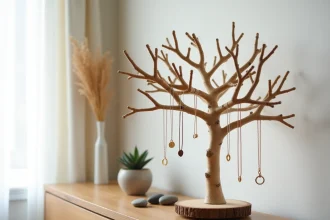 Arbre à bijoux en bois brut naturel posé sur une commode en chêne avec colliers et bagues suspendus, décor scandinave chaleureux