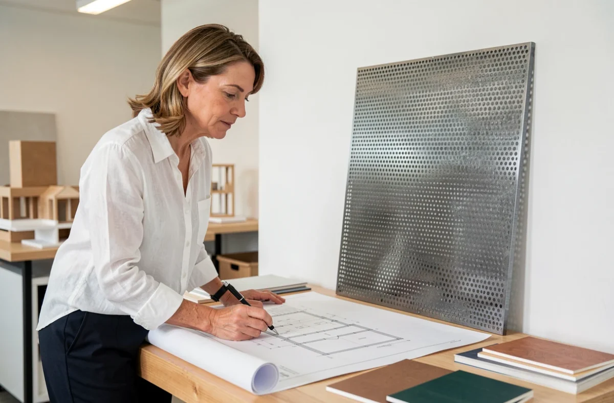 Architecte évaluant un échantillon de tôle d'acier perforée dans un bureau de design moderne