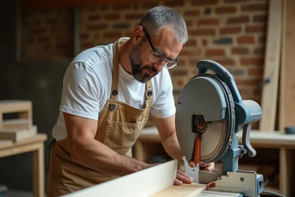 Artisan positionant une plinthe sur une scie à onglet réglée à 45 degrés dans un atelier de menuiserie