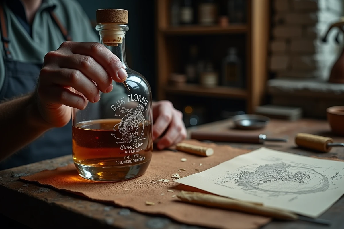 Artisan gravant une inscription personnalisée sur une bouteille de whisky dans un atelier de gravure traditionnel