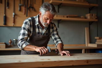 Artisan menuisier utilisant une plane sur un établi en bois