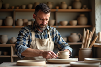 Artisan façonnant une tasse en céramique dans son atelier