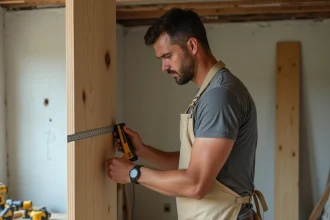 Artisan bricoleur mesurant un panneau en bois dans une pièce en cours de rénovation