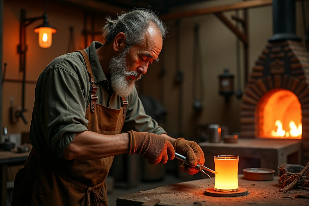 Artisan souffleur de verre japonais façonnant un verre à whisky dans un atelier traditionnel avec fournaise