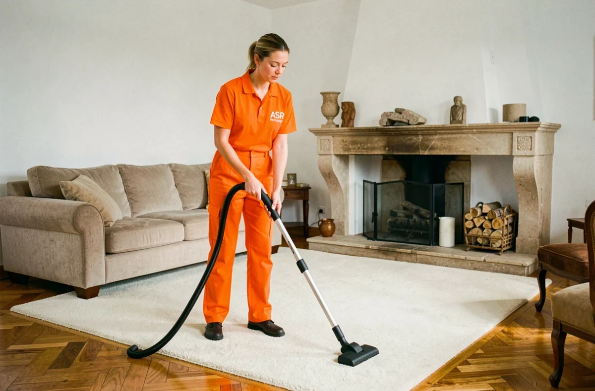 Professionnelle ASR Nettoyage en uniforme orange passant l'aspirateur dans un salon occitan avec parquet et moquette