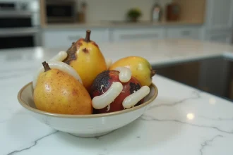 Gros plan macro d'asticots blancs sur un fruit trop mûr posé dans un bol en céramique sur un plan de travail de cuisine propre