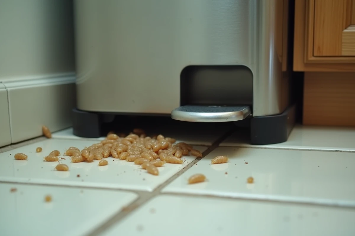 Asticots découverts au pied d'une poubelle en inox dans une cuisine carrelée apparemment propre