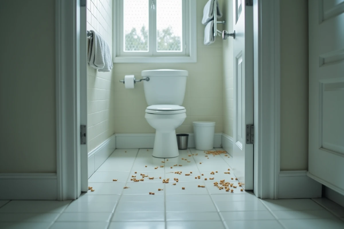 Salle de bain propre et carrelée avec présence inattendue d'asticots près de la base des toilettes blanches