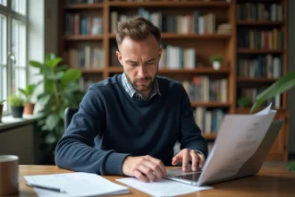 Homme consultant des avis clients en ligne sur Lacentrale-eco depuis son bureau à domicile