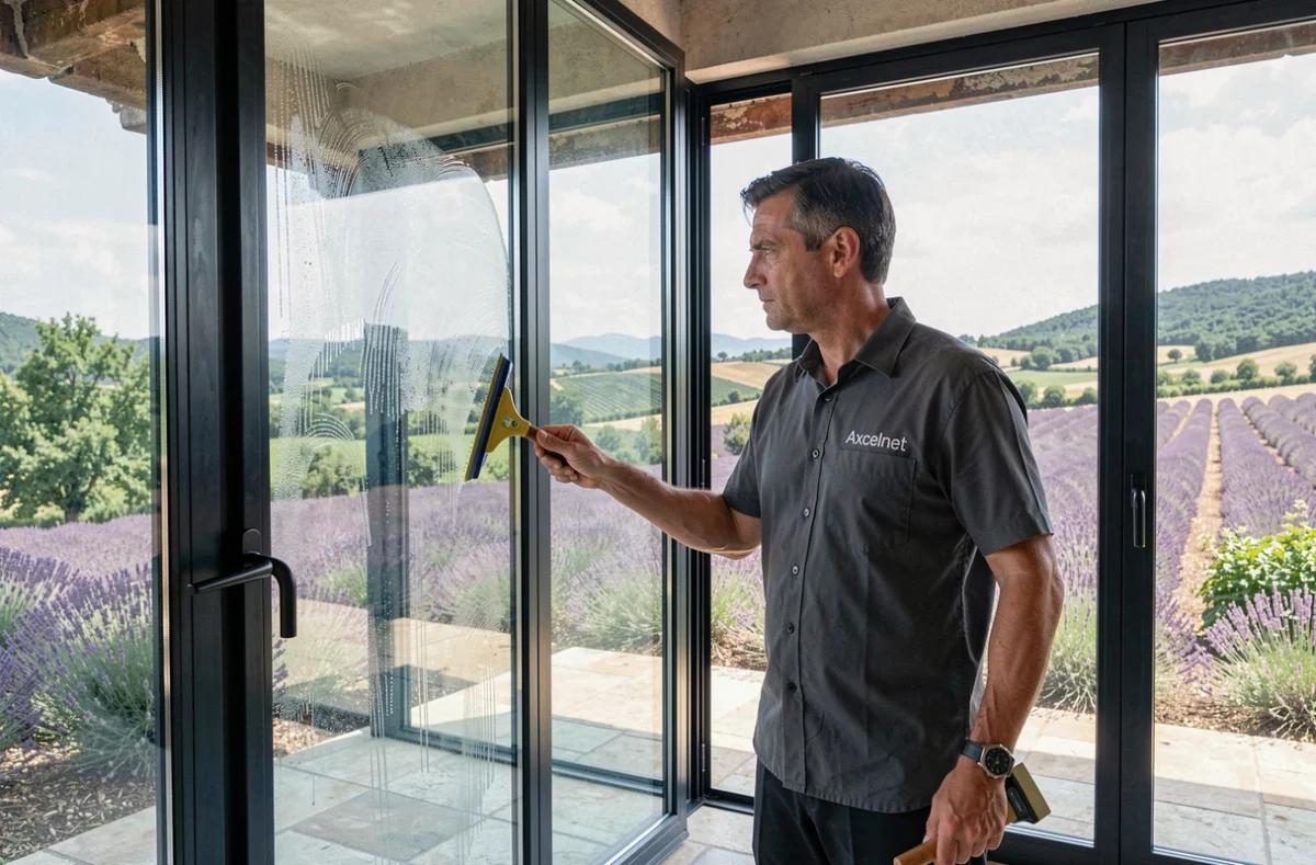 Superviseur Axcelnet en uniforme gris inspectant des vitres nettoyées dans une villa occitane avec vue sur la campagne