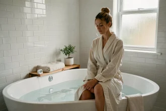 Femme assise au bord d'une baignoire moderne avec peu d'eau, illustrant une utilisation économique de l'eau au quotidien