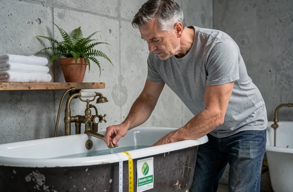 Homme ajustant le robinet d'une baignoire en fonte à moitié remplie dans une salle de bain scandinave, symbolisant la réduction de la consommation d'eau