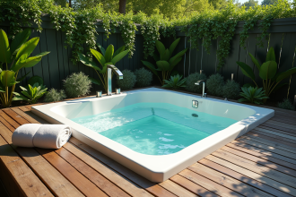 Bain extérieur moderne entouré de verdure et serviettes