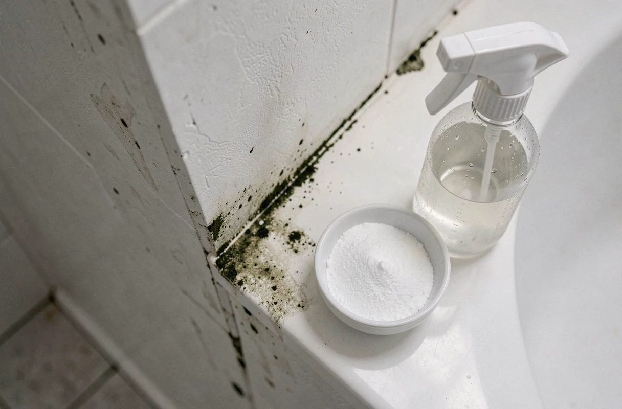 Produits naturels comme le bicarbonate et le vinaigre blanc pour traiter l'odeur d'humidité dans la salle de bain