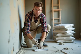 Artisan bricoleur appliquant du plâtre sur un mur intérieur lors de travaux de rénovation