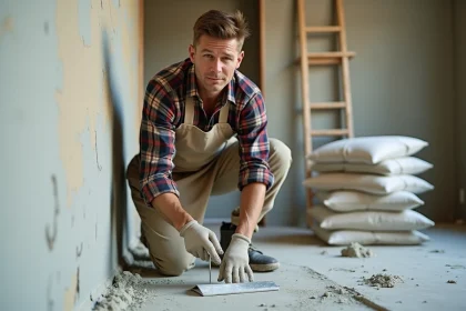 Artisan bricoleur appliquant du plâtre sur un mur intérieur lors de travaux de rénovation