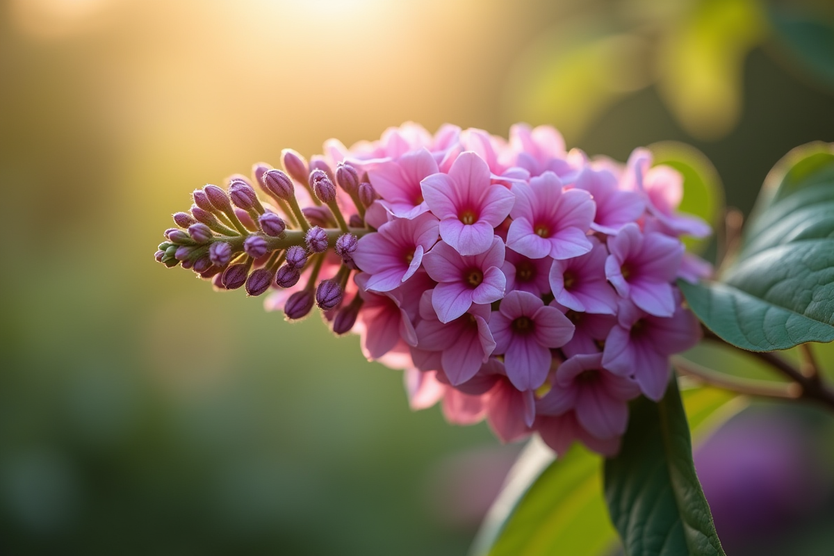 Buddleia en pleine floraison sous lumière douce du matin