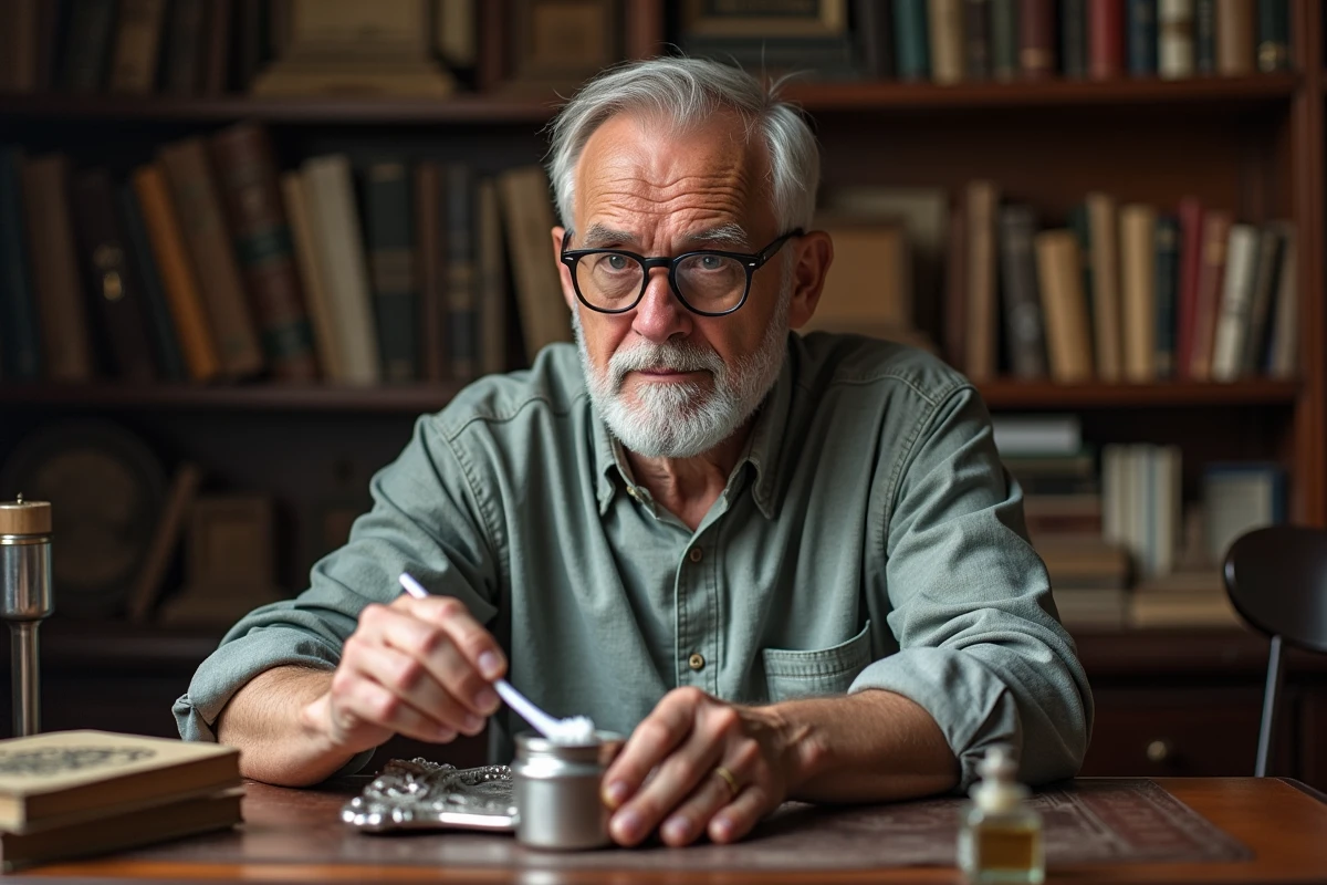 Homme nettoyant un cadre en argent noirci avec une brosse à dents et du dentifrice dans un bureau vintage