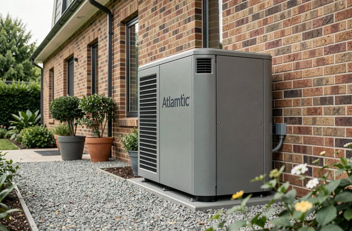 Caisson anti-bruit complet installé autour d'une pompe à chaleur Atlantic contre une maison en brique