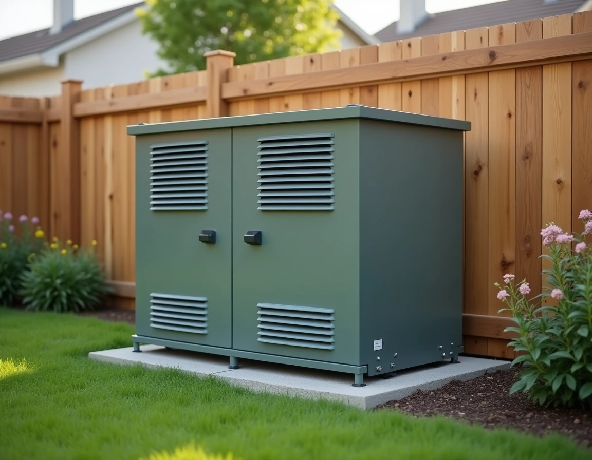 Caisson anti-bruit terminé installé autour d'une pompe à chaleur dans un jardin résidentiel, peint en gris-vert mat