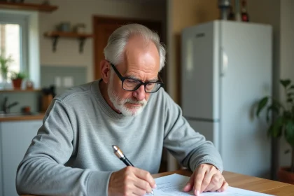Homme consultant sa facture d'énergie pour calculer la rentabilité d'une pompe à chaleur Effi 65