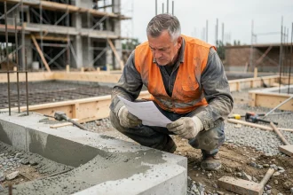 Ouvrier en chantier calculant le volume de béton nécessaire pour une dalle de fondation