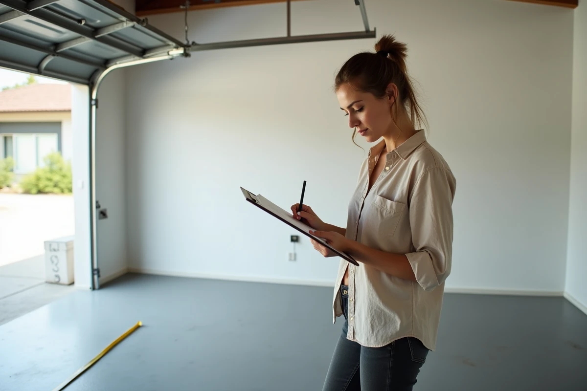 Femme mesurant la surface d'un garage pour calculer le volume de béton nécessaire à la dalle