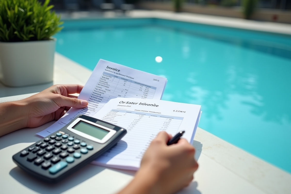 Main tenant une calculatrice et factures de piscine au bord