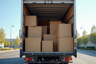 Camion de déménagement vu de l'arrière chargé de cartons