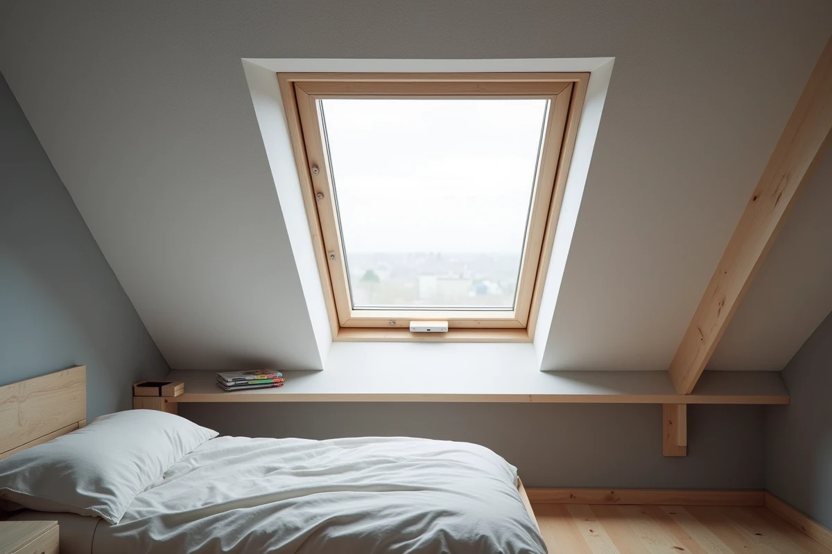 Chambre mansardée rénovée avec une fenêtre de toit Velux 55x78 installée dans une toiture en ardoise