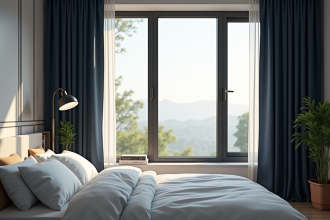 Chambre moderne paisible avec rideaux navy foncé et lumière naturelle