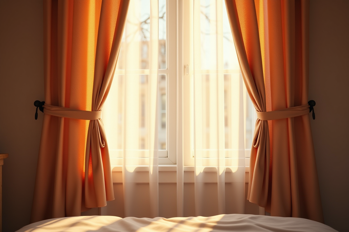 Chambre cosy avec rideaux courts et adaptés côte à côte
