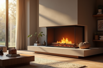 Cheminée moderne dans un salon chaleureux avec une boîte de récompense