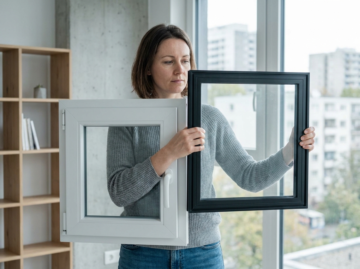 Femme comparant des échantillons de fenêtres PVC et aluminium dans un appartement moderne lors d'une rénovation