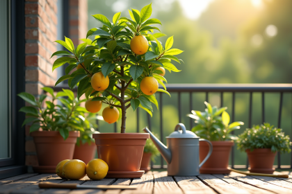 Citronnier en pot sur balcon ensoleille avec citrons jaunes