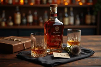 Coffret cadeau whisky personnalisé avec bouteille gravée, verres en cristal et carte manuscrite sur une table en noyer