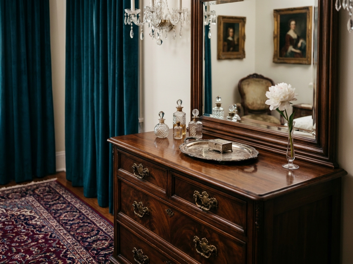 Commode ancienne en noyer avec miroir biseauté et décoration élégante dans une chambre aux tons profonds et riches