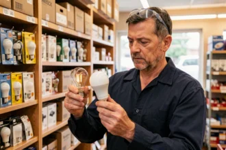 Électricien comparant une ampoule LED et une ampoule halogène dans un magasin de bricolage, illustrant la différence en lumens et en watts