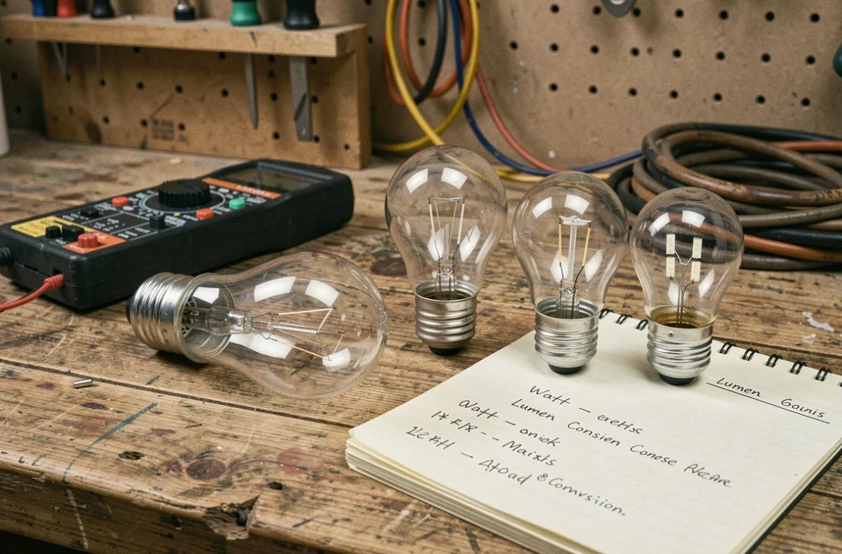 Comparaison côte à côte d'une ampoule incandescente, halogène et LED sur un établi avec notes de conversion lumens-watts