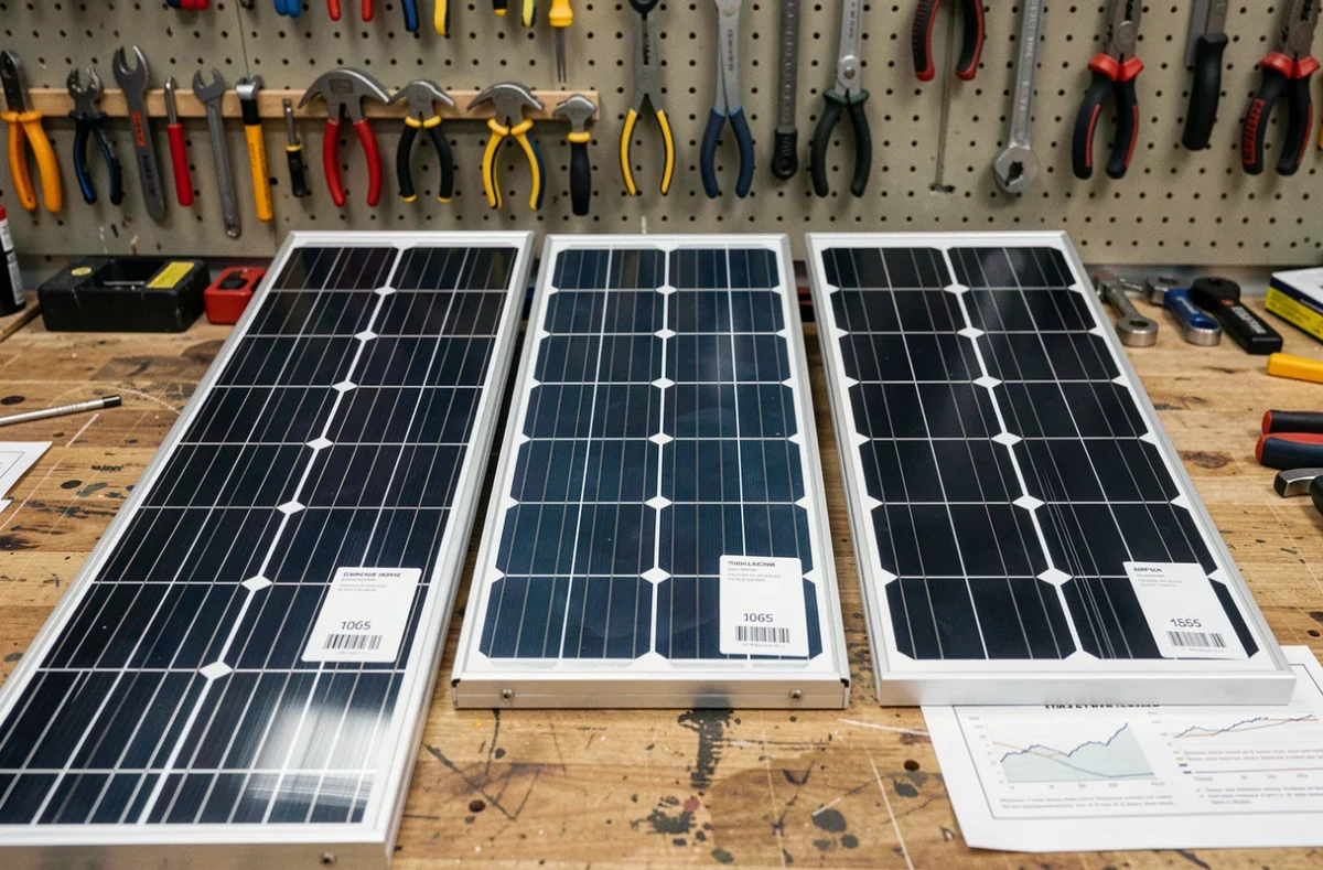 Comparaison de trois modèles de panneaux solaires pour caravane posés sur un établi dans un atelier avec étiquettes de prix
