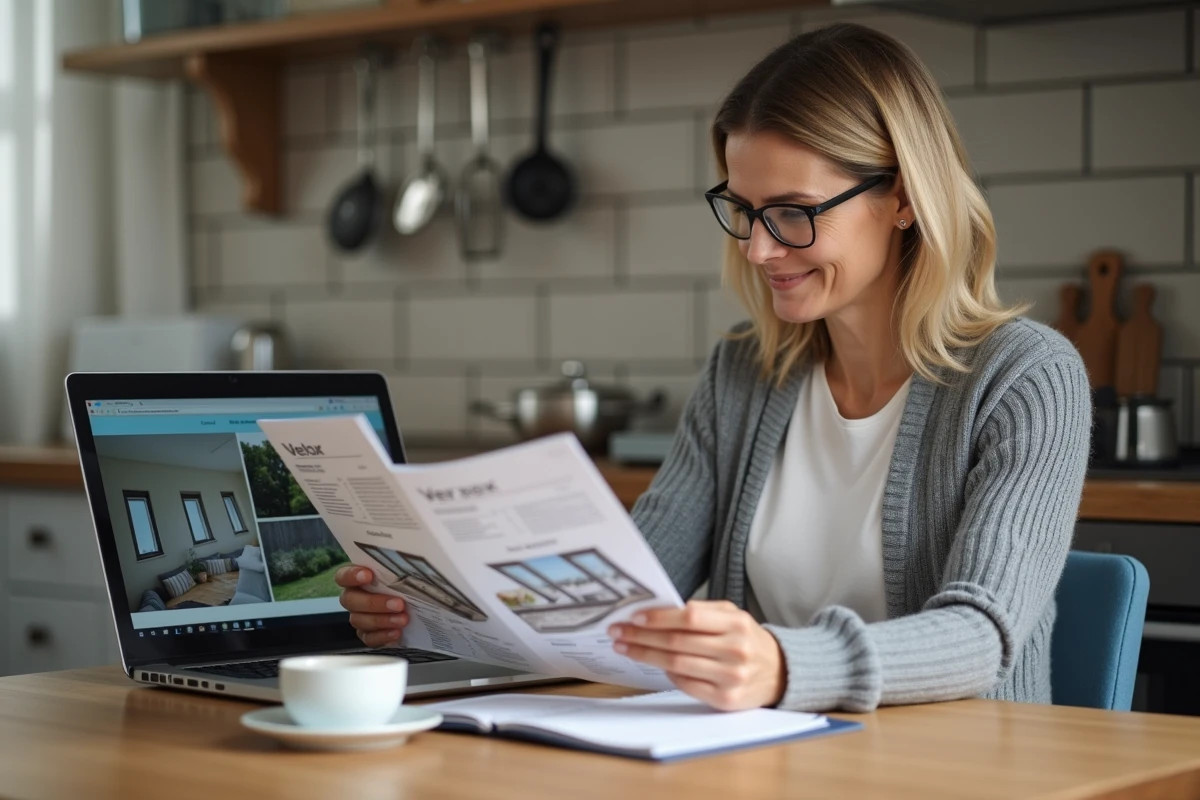 Femme comparant les prix de fenêtres Velux 55x78 sur internet avec des brochures et un ordinateur portable