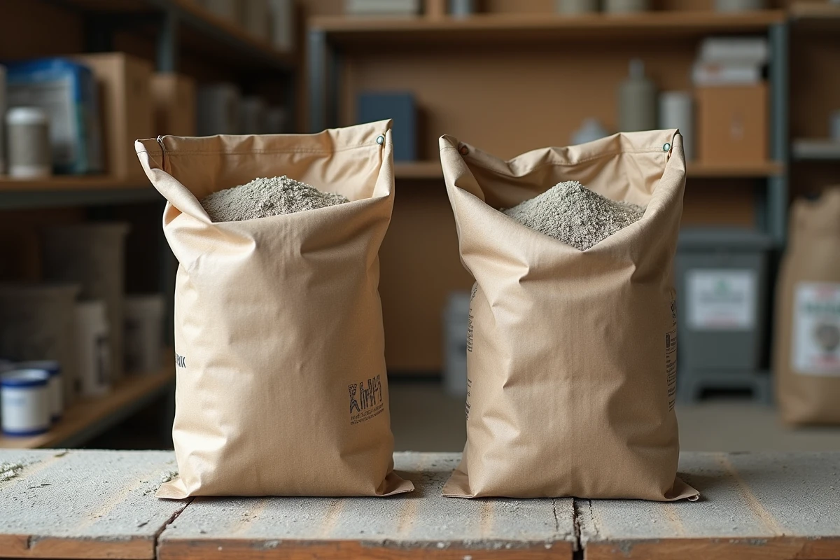 Comparaison de deux sacs de mortier mélange pas cher et de marque sur un établi en bois dans un magasin de bricolage