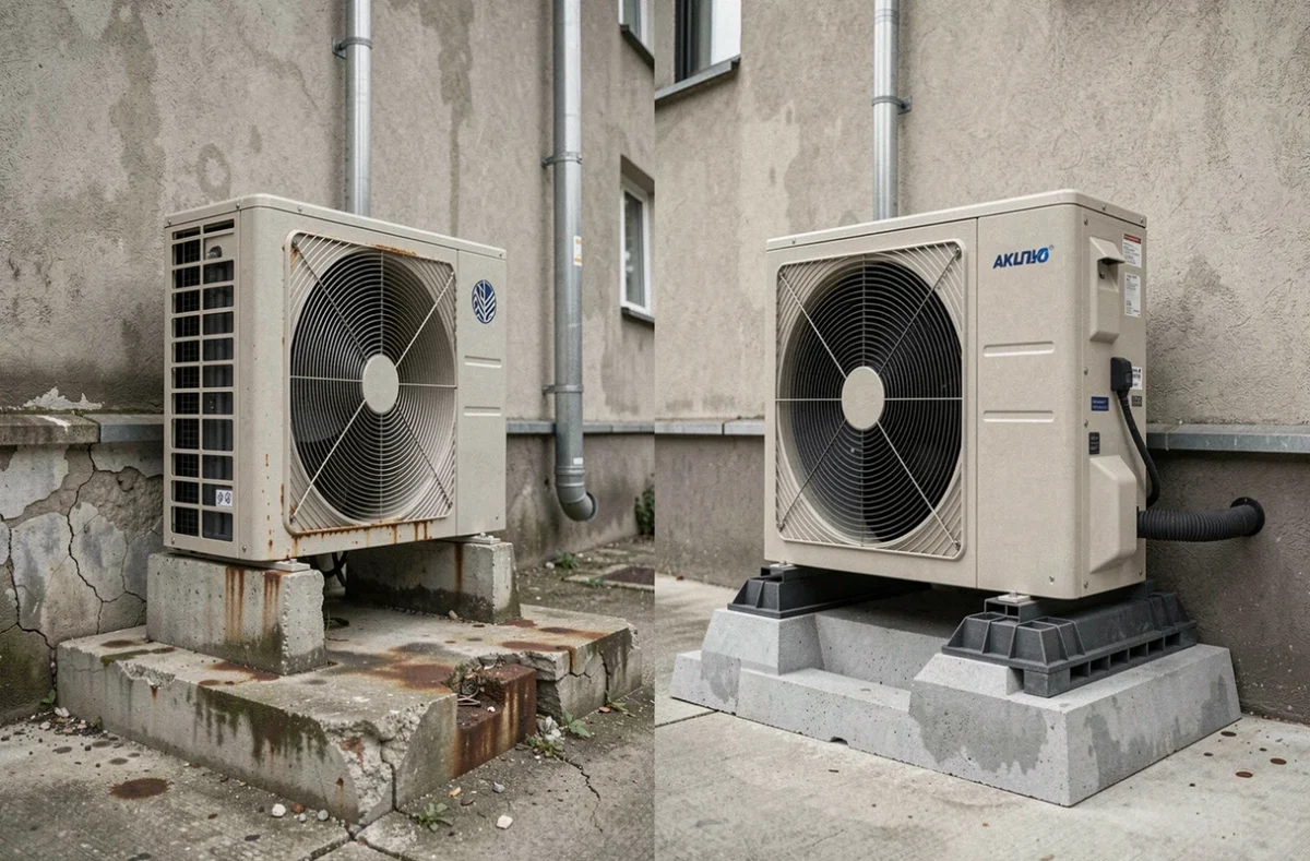 Comparaison entre un socle de pompe à chaleur détérioré et un socle en bon état dans une résidence urbaine
