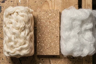 Échantillons comparatifs de trois isolants thermiques naturels : laine, liège et ouate de cellulose posés sur un établi en bois