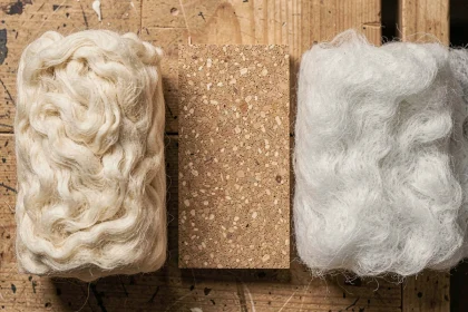 Échantillons comparatifs de trois isolants thermiques naturels : laine, liège et ouate de cellulose posés sur un établi en bois