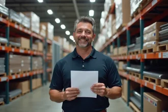 Conseiller de magasin Brico Dépôt tenant un document de garantie dans un rayon de fenêtres de toit et matériaux de couverture
